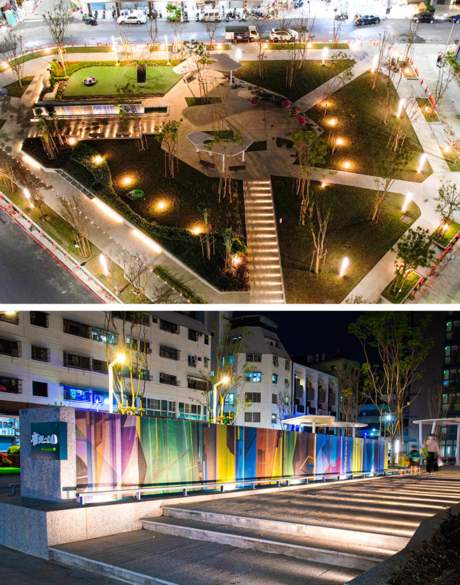 精心规划的夜间照明及艺术水景，也是府北公园的特色之一。(图片提供/高雄市政府工务局养护工程处)