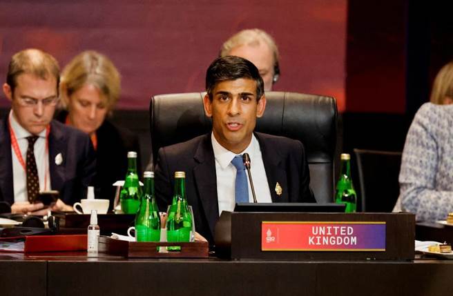 英國首相蘇納克原定今日下午與中國國家主席習近平進行會晤，因「行程安排」臨時取消。（路透）