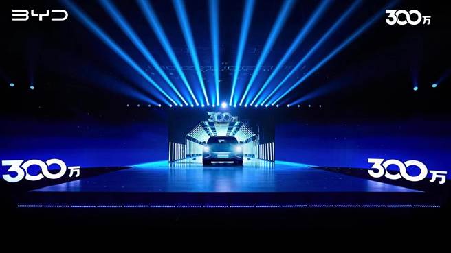 王传福：比亚迪第300万辆新能源车出厂，迈向汽车强国。图为比亚迪第300万辆下线发布会。（观察者网）