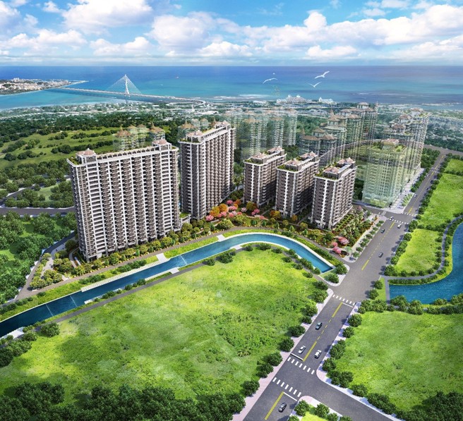 「汤泉台北湾7」邻近淡江大桥，届时淡水往返双北可节省约25分钟车程。图为3D外观示意图。(图/汤泉台北湾提供)