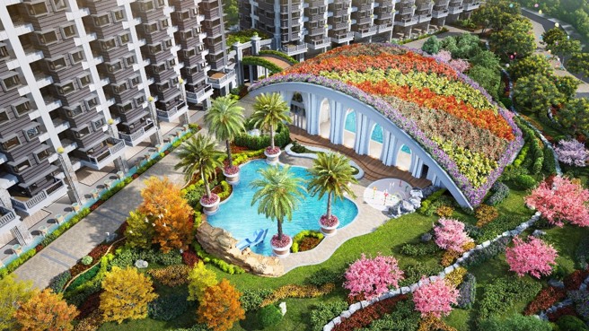 「汤泉台北湾7」的四季花博拱桥。图为3D公设示意图。(图/汤泉台北湾提供)