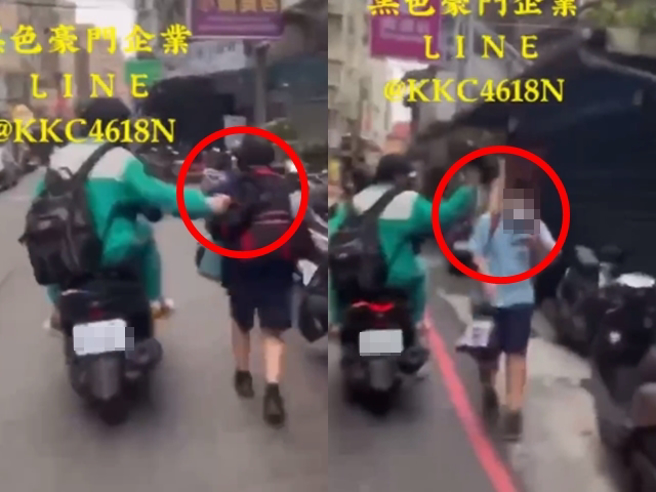 新北市芦洲4名国中生昨（16）无照、无安全帽骑2辆机车在街上奔驰，甚至手持安全帽朝路边一名走路的学生砸头，对方被敲头吓坏。（翻摄自脸书「黑色豪门企业」）