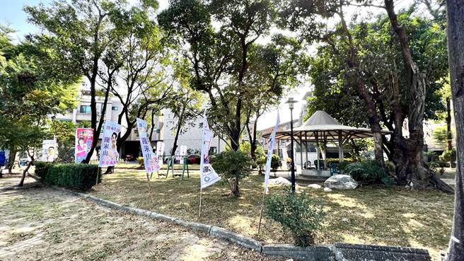 小小的社區公園被將近40面旗幟包圍，引發不少民怨，但市府環保局說，該公園為選舉專區，依法可在16日起插旗。（張毓翎攝）