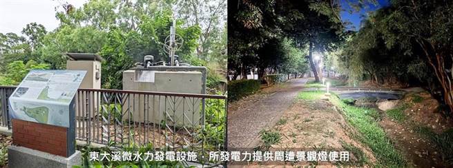 东大溪微水力发电设施，所发电力提供周遭景观灯使用。(台中市政府提供)