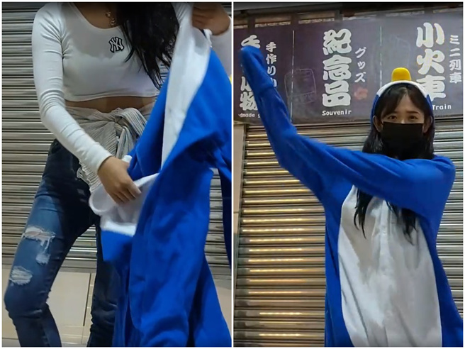 企鹅妹在台中高铁换企鹅装、跳舞。（图／Twitch@企鹅妹）