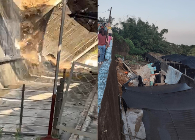 民宅后方挡土墙，有土石从红圈处不断掉落，不到10秒时间整面挡土墙倒塌。（翻摄照片）