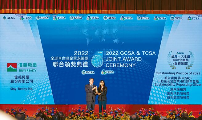 信义房屋获台湾企业永续奖十大永续典范企业奖等多项大奖，由总经理陈丽心（右）代表领奖。图／信义房屋提供