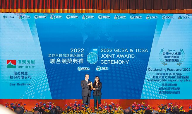 信义房屋获台湾企业永续奖十大永续典范企业奖等多项大奖，由总经理陈丽心（右）代表领奖。（信义房屋提供）