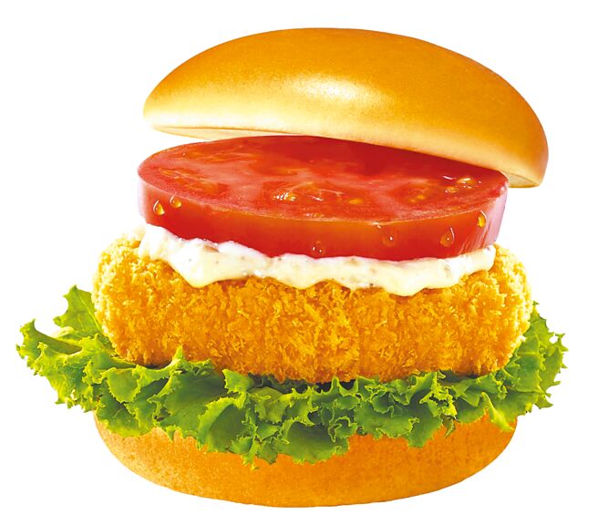 摩斯汉堡「蕃茄黄金虾堡」以塔塔酱和生菜中和炸物口感，吃起来清爽不腻，80元。（摩斯汉堡提供）