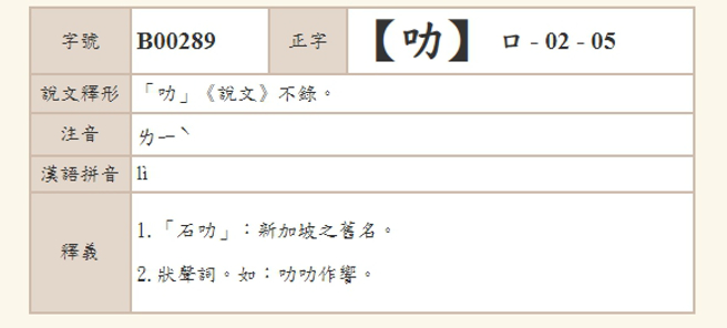 叻沙正确读音曝光，引起网友讨论。（图／翻摄自教育部异体字字典）
