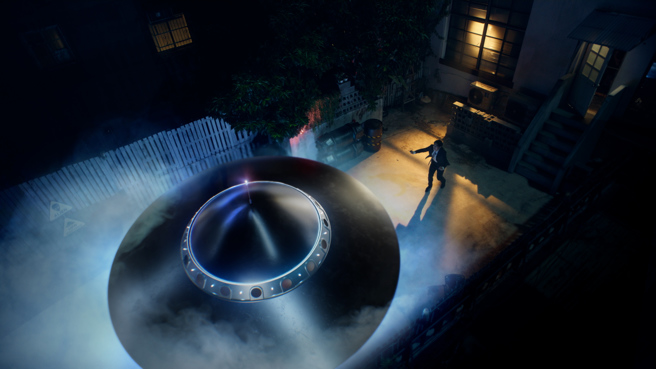 透过信义房屋「AI智能配案」，可以有别于人工的方式，替客户配对适合物件。信义房屋广告中就以趣味呈现，有大露臺的房屋透过智能配案，精准配对外星人驾着飞碟停靠。（图/信义房屋提供）