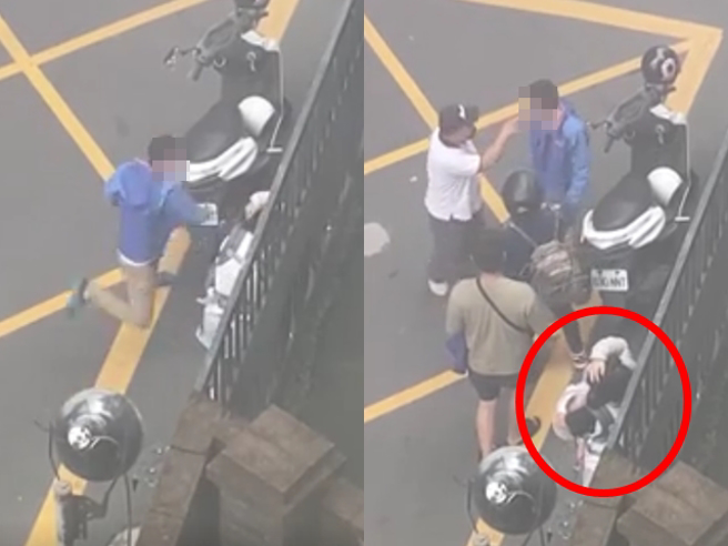 淡水一对夫妻在街头因不到1岁孩子的教育问题起争执，孔姓丈夫竟当眾朝对方头部大力甩打4下，妻子当时还抱着孩子，3名路人见状赶紧衝上前制止。（翻摄自Dcard）