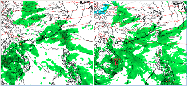 18日20時歐洲模式(ECMWF左圖)及美國模式(GFS右圖)皆顯示，鋒面南下併南方水氣，影響範圍大。（圖／翻攝自三立準氣象· 老大洩天機）