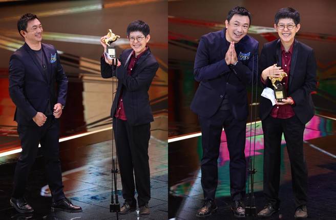 張照堂奪終身成就獎，黃信堯(圖左)擔任頒獎人、大弟子代為領獎。(圖／石智中攝)