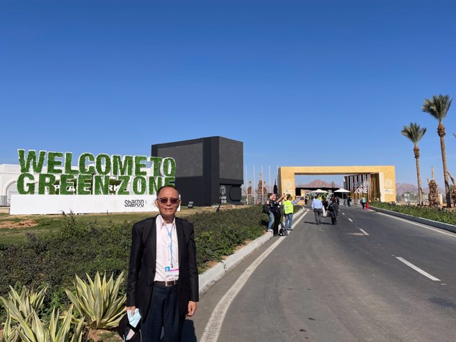 林聪明发表推广「蔬食环保救地球」的经验。(照片/南华大学提供)