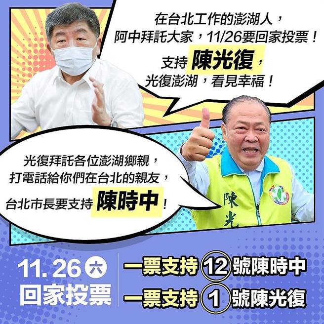 陳光復在臉書貼出一張內有陳時中的梗圖，訴求在台北工作的澎湖人，要回家投票給陳光復，也拜託在澎湖工作生活，要回到自己的戶籍地投票，互相拉抬選情的意圖明確。（陳光復臉書）