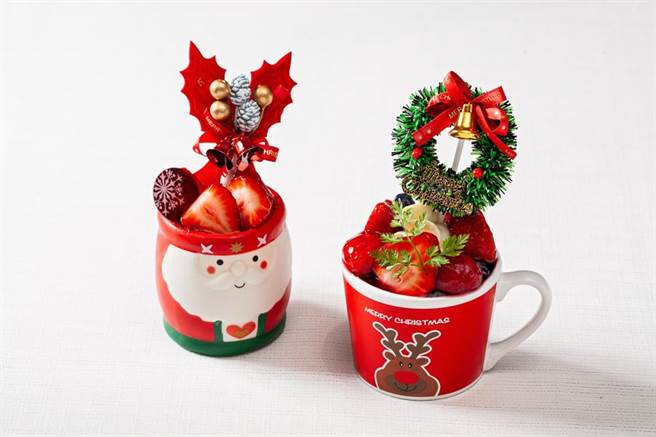 国宾麵包房推出海盐焦糖与红莓巧克力两款圣诞杯，充满耶诞气氛。(国宾大饭店提供)