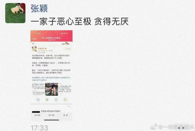 张颖颖替汪小菲抱不平，私下炮轰大S一家。（图／摘自微博）