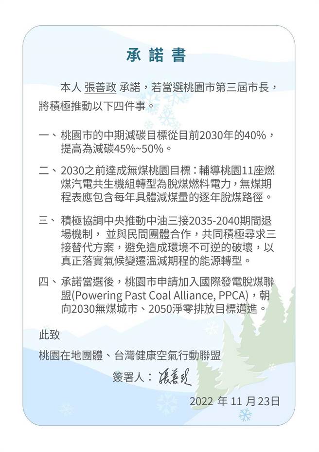 国民党桃园市长候选人张善政修改内容后，已签署气候与空污治理承诺书。（桃园在地联盟提供／蔡明亘桃园传真）