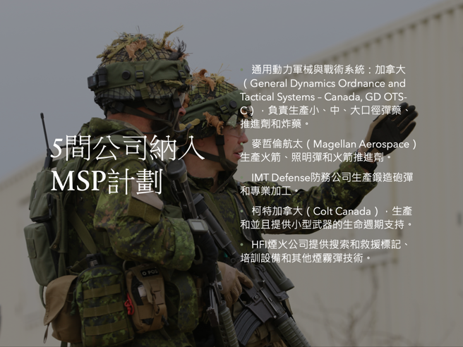 通用动力军械与战术系统：加拿大、麦哲伦航太（Magellan Aerospace）、IMT Defense、柯特加拿大和HFI烟火公司。（张威翔制图）