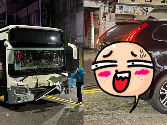 公车朝前方Volvo休旅车衝撞，公车车头凹陷、挡风玻璃碎裂、保险杆脱落，但特别的是休旅车仅钣金些微擦伤，毫无凹陷、玻璃也没破。（翻摄自脸书「重机车友 ❘ 各区路况天气、资讯分享中心」）