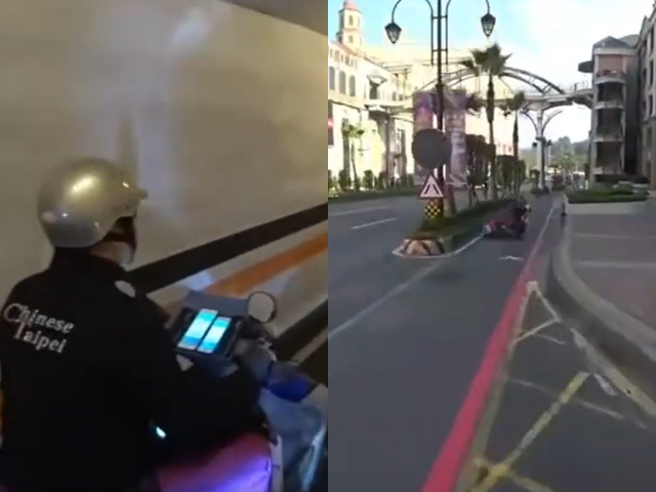 骑士超车后疑因车速过快，出地下道时直接「飞起来」腾空一段距离，又因道路缩减反应不及，骑士当场自摔。（翻摄自脸书「重机车友 ❘ 各区路况天气、资讯分享中心」）