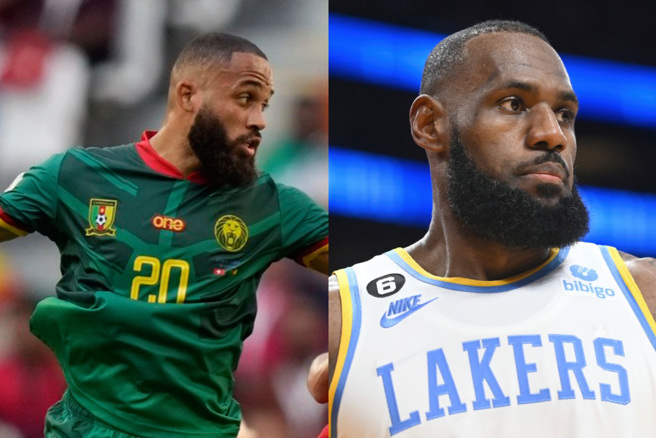 喀麥隆前鋒布耶莫(左)長相確實跟詹姆斯(右）有點相像。(合圖/美聯社資料照)