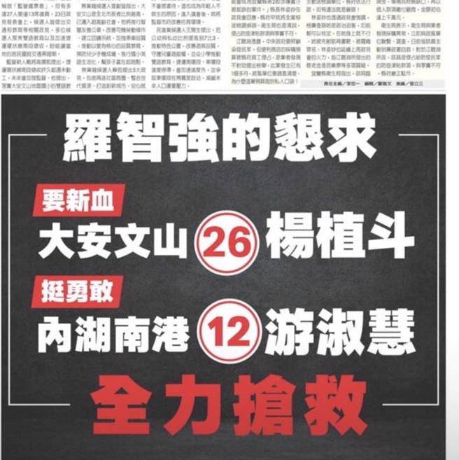 國民黨台北市前議員羅智強自費刊登搶救廣告，為子弟兵楊植斗、好朋友游淑慧助選。（圖／取自羅智強臉書）
