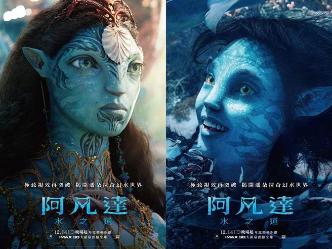 《阿凡达：水之道》公开角色海报，左为凯特温丝蕾饰演的洛纳；右为雪歌妮薇佛饰演的绮莉。（迪士尼提供）