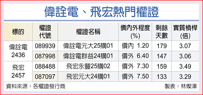 伟诠电、飞宏热门权证