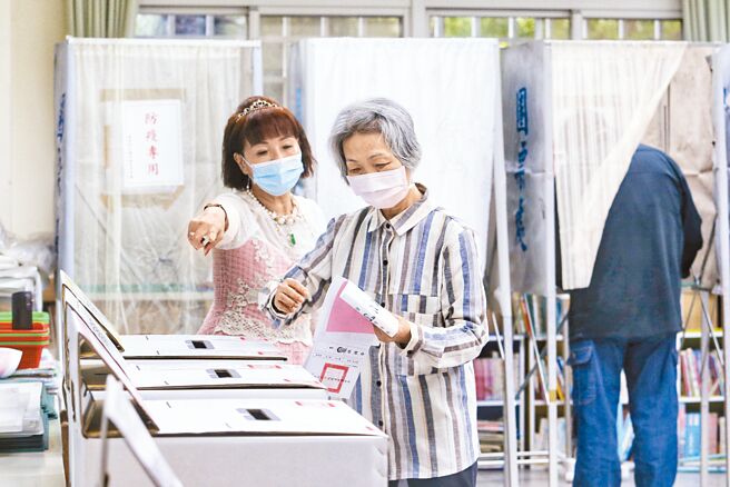 台灣九合一選舉，大陸也關心，選前香港中國海峽研究院、大陸台盟預測台灣22縣市長當選結果頗準 ，除了金門、澎湖外，大都命中。圖為九合一大選26日投票，民眾一早戴著口罩前往投票所投票，由於民眾需投下4張選票，選務人員在票匭旁提醒民眾投入正確的票匭。（黃世麒攝）