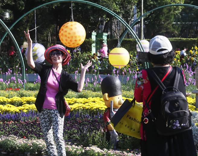 士林官邸菊展展出的21萬盆菊花佈滿士林官邸公園每個角落，28日適逢天氣放晴吸引民眾前來遊園，民眾則擺POSE留下美麗的瞬間。（陳怡誠攝）