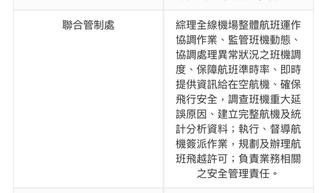 （注：联合管制处的高阶主管大多数是由与飞机实务相关部门的人接任，如机师、机械员、修护单位。职掌如附图，取自华航官网）

