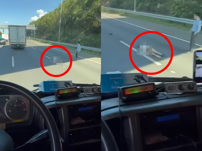 女子墜地後躺在路中一度失去意識，送醫後雙腳骨折，無生命危險，當時其他車主拍到女子趴在國道路面的畫面曝光。（翻攝自記者爆料網）