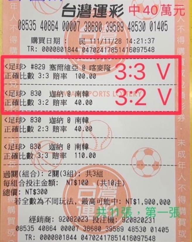 一位球迷以小博大，投注运彩，一口气抱走440万彩金。（何昱奇提供／冯惠宜台中传真）