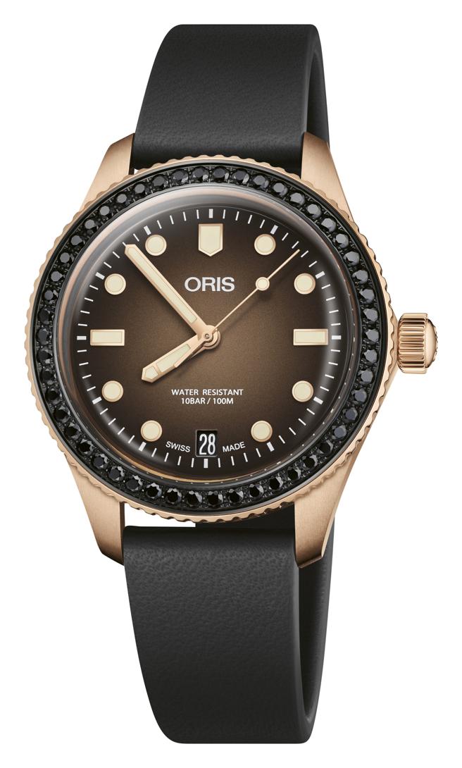 ORIS與知名珠寶品牌Herzog Loibner合作聯名限量表，青銅表殼、表圈滿鑲黑鑽石，9萬8000元。（ORIS提供）