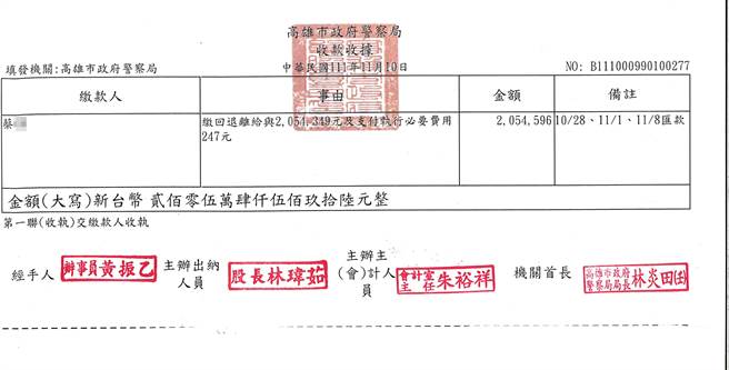 经高雄市警察局通知，蔡妻已于日前将退休金205万余元全数匯款缴还。（执行署嘉义分署提供∕吕妍庭嘉义传真）