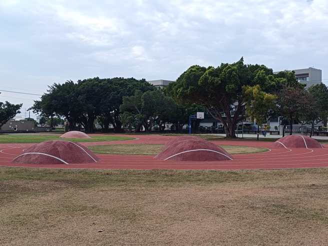 高雄1处小学跑道隆起5颗「巨大痘痘」，引起网友纷纷讨论。（翻摄自脸书爆废公社二馆）