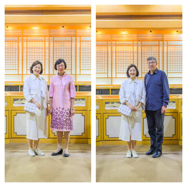 林青霞与国图馆长曾淑贤（左图）合影；林青霞与时报出版社董事长赵政岷合影。（SWKit邓永杰摄）