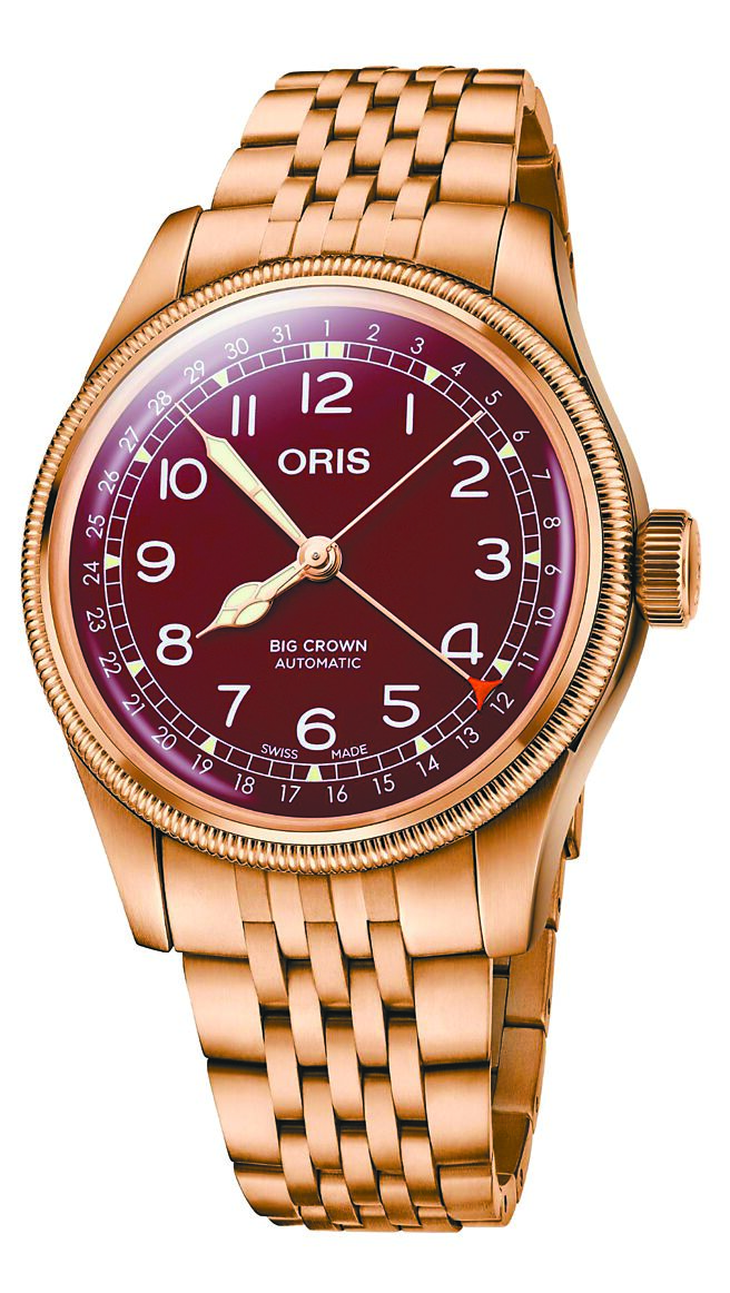 ORIS Big Crown指针式日历青铜表，酒红色表盘，7万7000元。（ORIS提供）