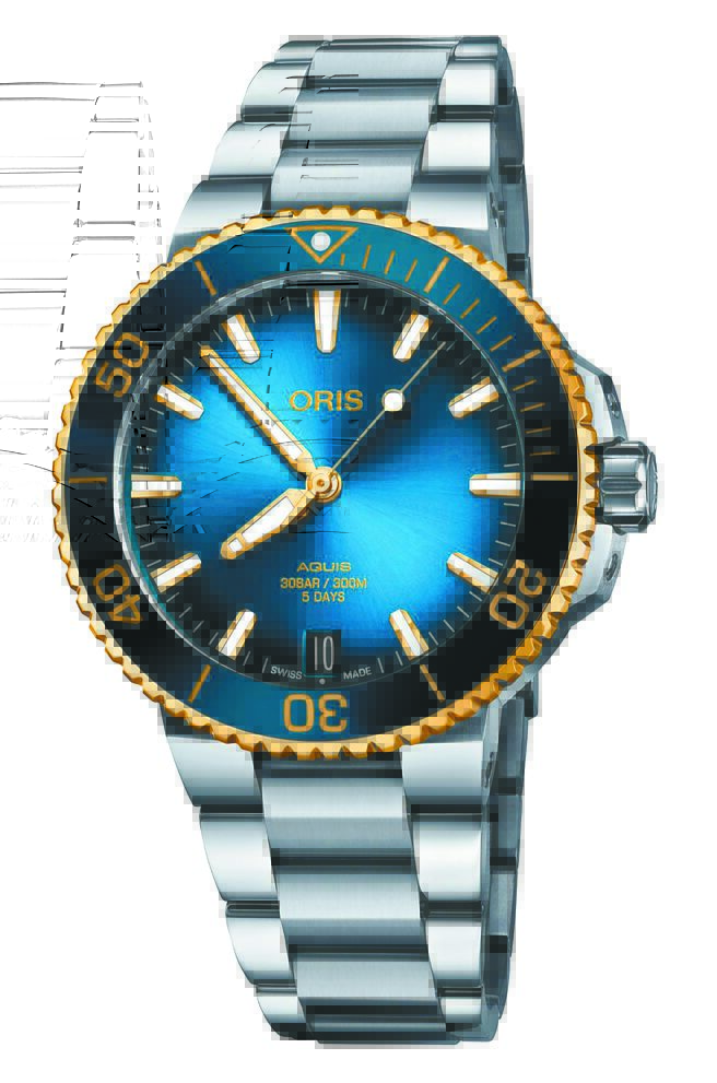 ORIS Aquis Cal.400日期腕表，18K金表壳蓝色表盘，12万3000元。（ORIS提供）