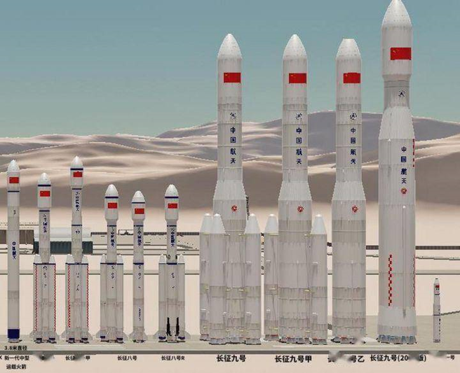 右侧4具模型都是长征9号的几个不同构型方案，与左边中国目前正在使用的各型运载火箭，体型差异极大。（图／腾讯网）