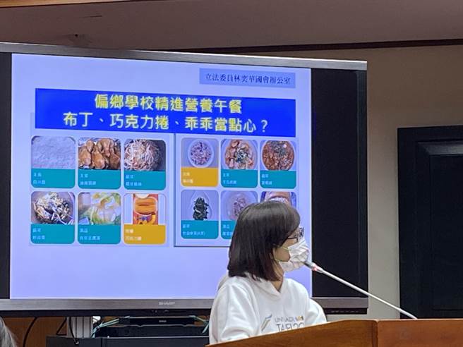 立委林奕华今天质询指出，一些学校提供乖乖等食品当学生营养午餐点心，这不太健康。（林志成摄）