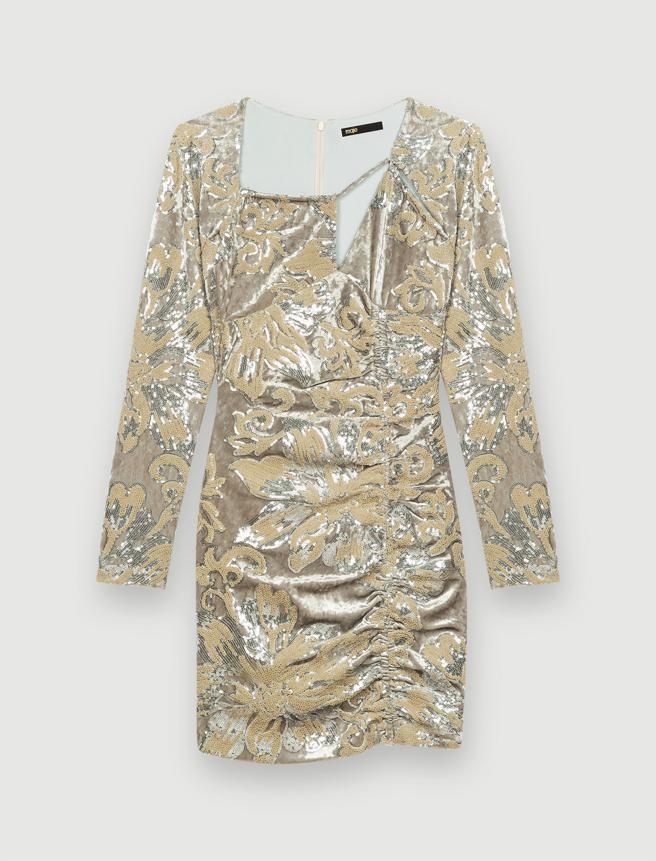 Maje 亮片刺繡天鵝絨洋裝，1萬5490元。（Maje提供