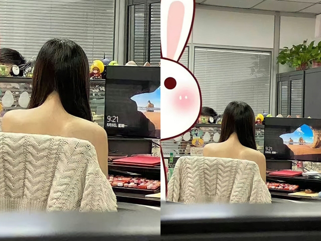 一名网友分享一张坐在他办公室座位对面女同事的背景照，只见女同事露肩上衣巧妙被椅子挡住，从后方看像是裸体搬一样。（翻摄自脸书「爆废公社公开版」）