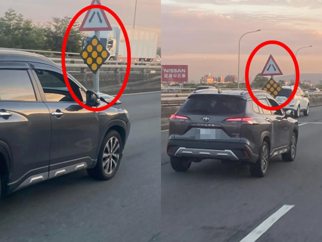 一名網友日前台74快速道路上目擊一輛休旅車車頭「直立插著」一支號誌桿，號誌桿直挺挺地在車頭，隨休旅車不斷往前，離譜影片曝光引發熱議。（翻攝自臉書「爆廢公社公開版」）