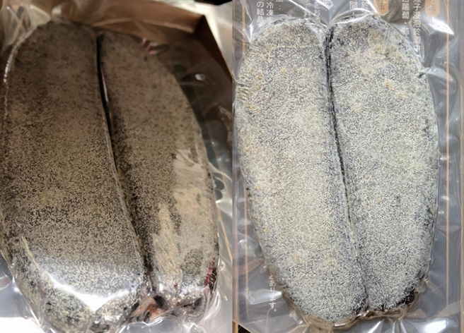 男子买了乌鱼子但放在常温下太久忘了，结果乌鱼子整片黑化，包装袋还浮一层疑似发霉的白色斑点。（翻摄自脸书爆废公社公开版）