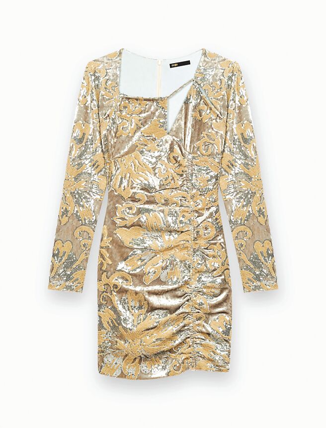 Maje亮片刺繡天鵝絨洋裝，1萬5490元。（Maje提供）