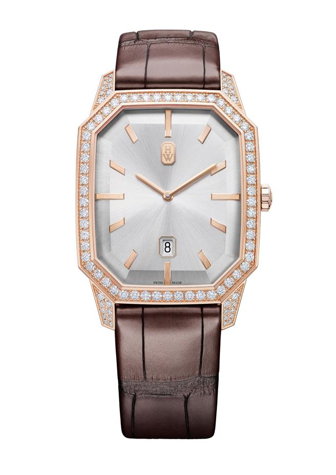 海瑞溫斯頓印記Emerald系列33mm玫瑰金鑽表。（Harry Winston提供）