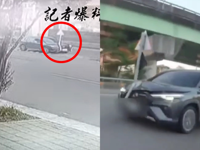 休旅车车头「插着」分向号志杆在台74线行驶，后来事发影片曝光，休旅车在台中市环中路二段上匝道时失控衝向护栏，车头卡进护栏后再倒退。（翻摄自记者爆料网）